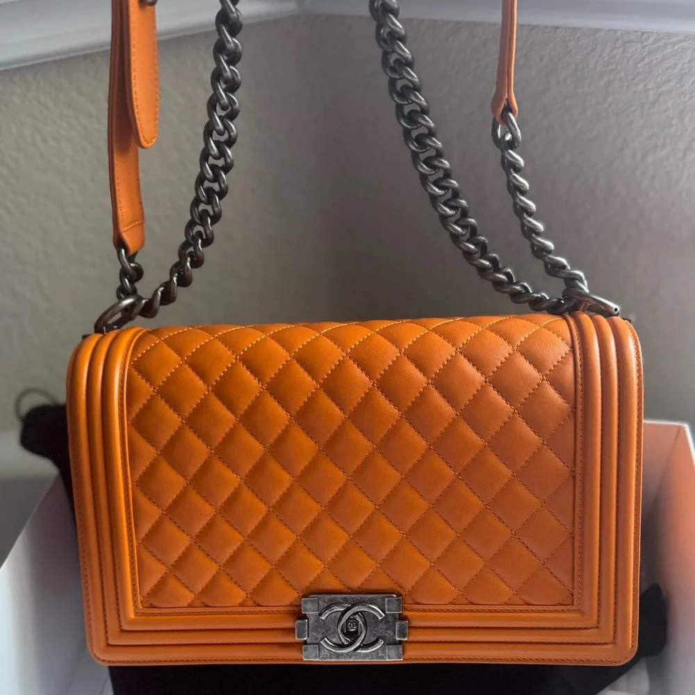 CHANEL Orange Quilted Leather Boy Crossbody Shoulder Boy Bag (Brand New)